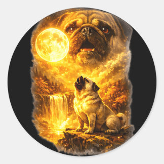 Pug howling at moon epic forest fantasy  ronde sticker