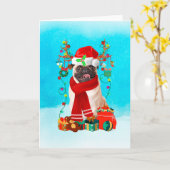 Pug in de sneeuw met kerstcadeaus kaart (Gele Bloem)