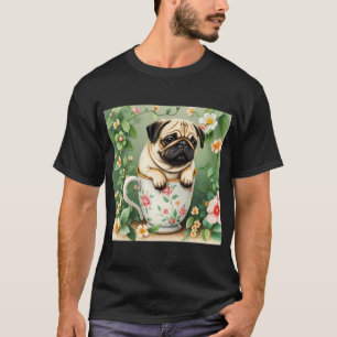Pug in een mok via pastel vintage wilde rozen vibe t-shirt