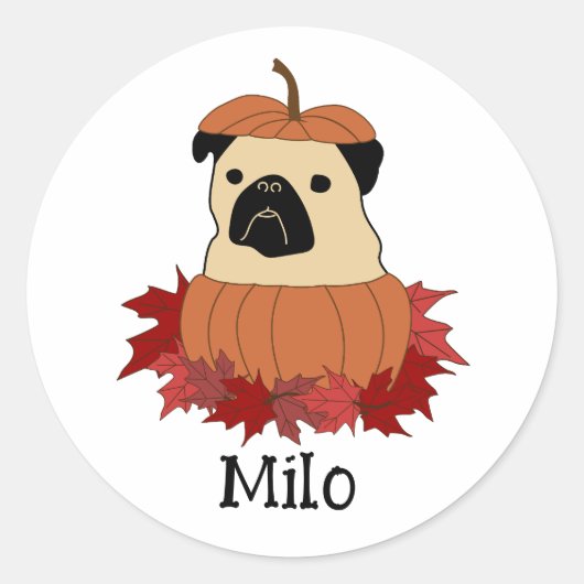 Pug in een pompoen ronde sticker (Voorkant)