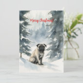 Pug In Sneeuw Aquarel Kerstmis Feestdagenkaart (Staand voorkant)