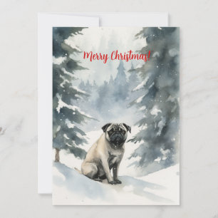 Pug in Snow Waterverf Kerst Feestdagenkaart