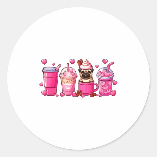 Pug Inside Cup Coffees Lover Valentines Day Heart  Ronde Sticker (Voorkant)