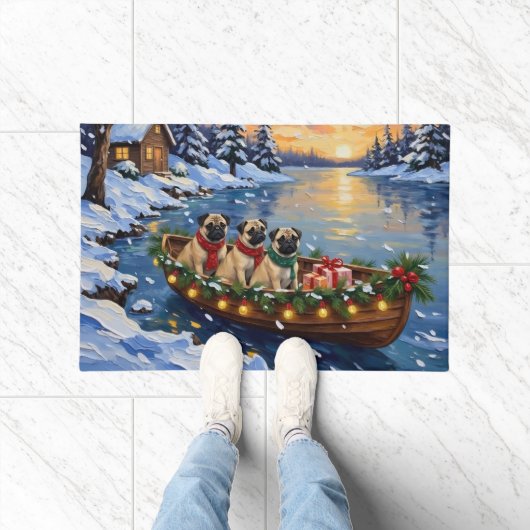 Pug Kerstboot Vakantie Deurmat (Binnen)