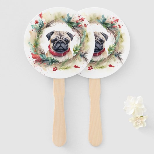 Pug Kerstkrans Feestelijke Pup Handwaaier (Voorkant en achterkant)