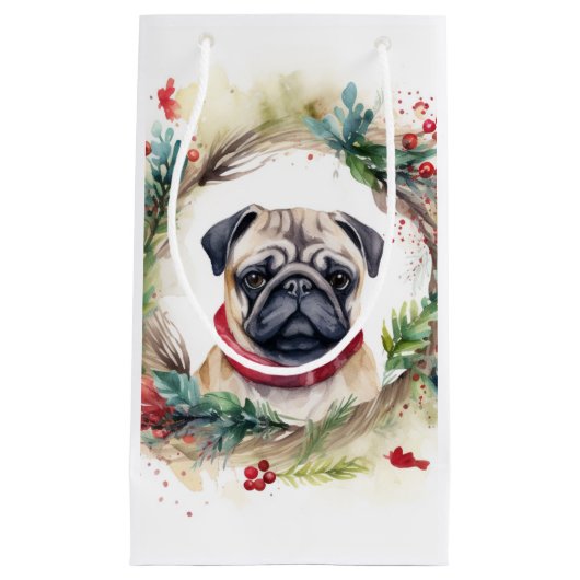 Pug Kerstkrans Feestelijke Pup Klein Cadeauzakje (Voorkant)