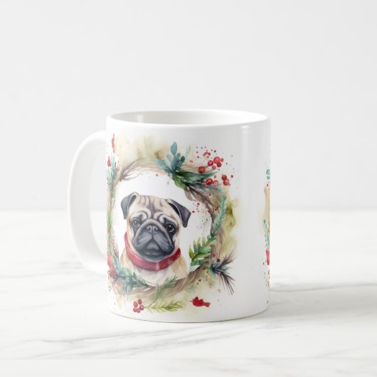 Pug Kerstkrans Feestelijke Pup Koffiemok (Voorkant links)