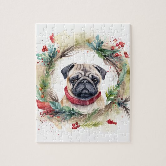 Pug Kerstkrans Feestelijke Pup Legpuzzel (Verticaal)