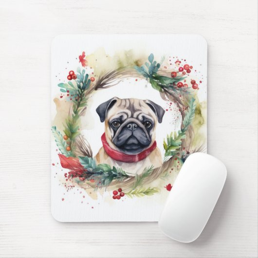 Pug Kerstkrans Feestelijke Pup Muismat (Met muis)
