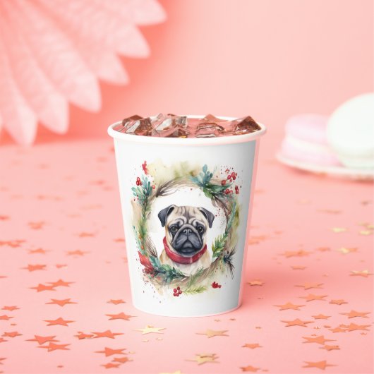 Pug Kerstkrans Feestelijke Pup Papieren Bekers (Insitu)