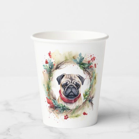 Pug Kerstkrans Feestelijke Pup Papieren Bekers (Achterkant)