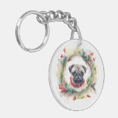 Pug Kerstkrans Feestelijke Pup Sleutelhanger (Voorkant Links)