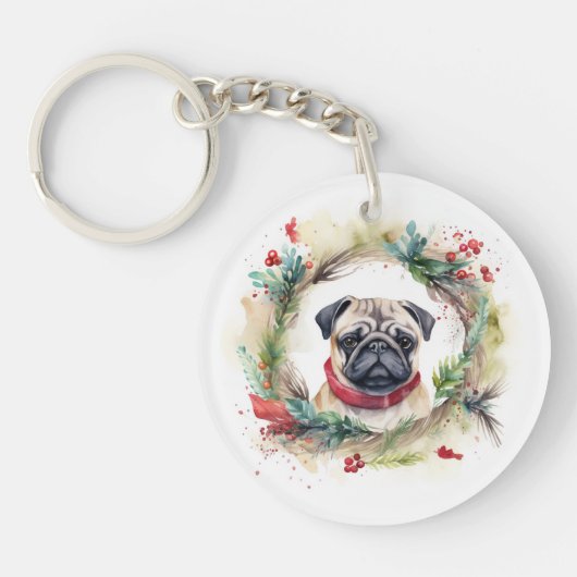Pug Kerstkrans Feestelijke Pup Sleutelhanger (Voorkant)