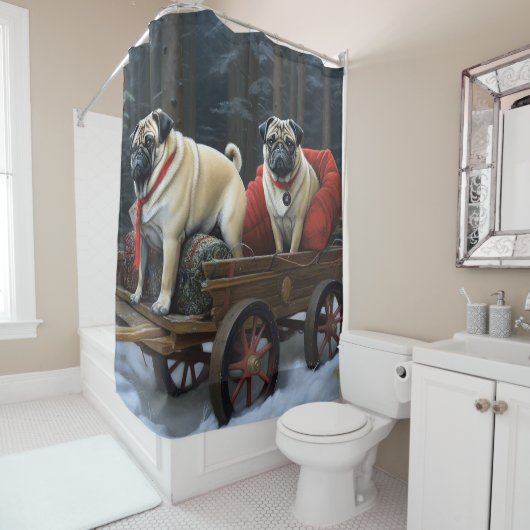 Pug Kerstmis Feestelijk Seizoen Douchegordijn (In situ)