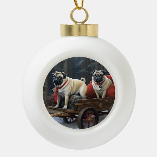 Pug Kerstmis Feestelijk Seizoen Keramische Bal Ornament (Voorkant)