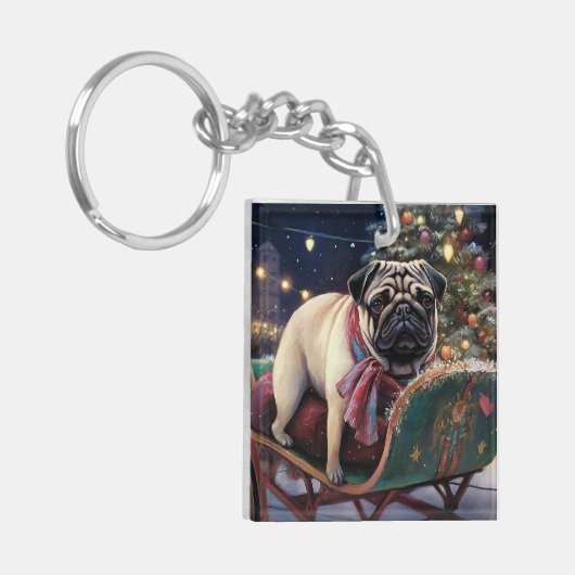Pug Kerstmis Feestelijk Seizoen Sleutelhanger (Voorkant Links)