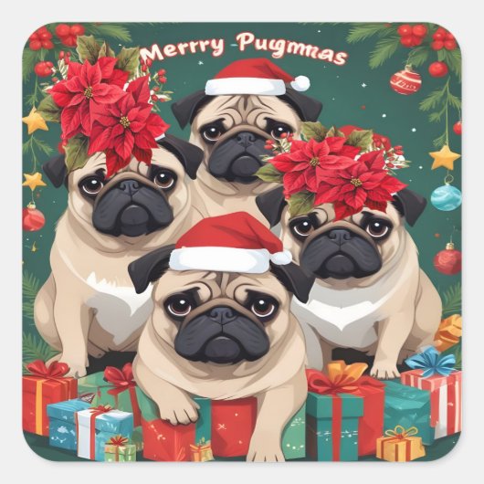 Pug Kerstmis Vierkante Sticker (Voorkant)