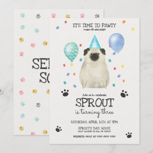 Pug laat Pawty Dog Birthday Invitation Blue Kaart