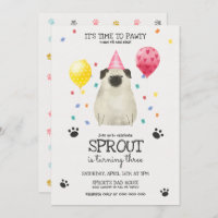 Pug laat Pawty Dog Birthday Uitnodiging Roze
