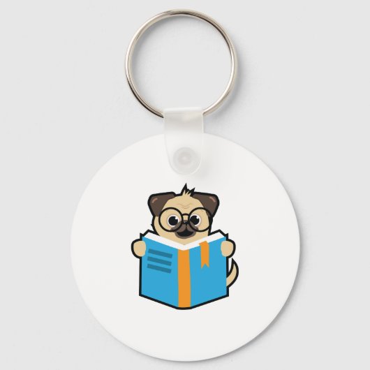 Pug leest boek Lover Pug Owner Bookworm Sleutelhanger (Voorkant)