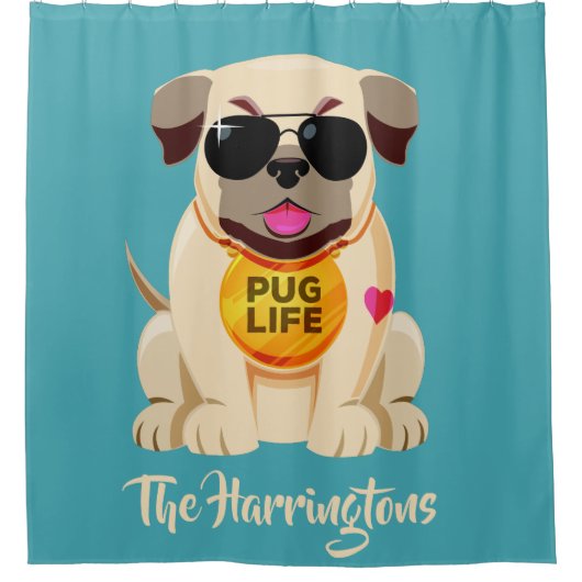 Pug Life aangepaste naam & kleur douche gordijn (Voorkant)