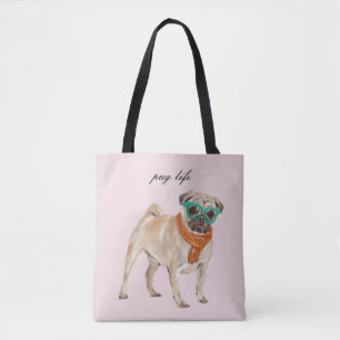 Pug Life Text Bewerkbare Hipster Pug met bril Draagtas