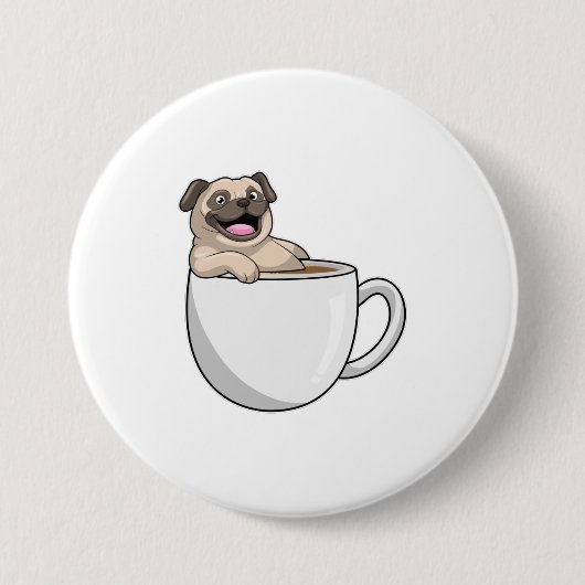 Pug met beker koffie ronde button 7,6 cm (Voorkant)