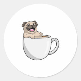 Pug met beker koffie ronde sticker