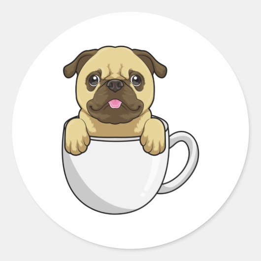 Pug met beker koffie ronde sticker (Voorkant)