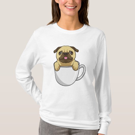 Pug met beker koffie t-shirt (Voorkant)