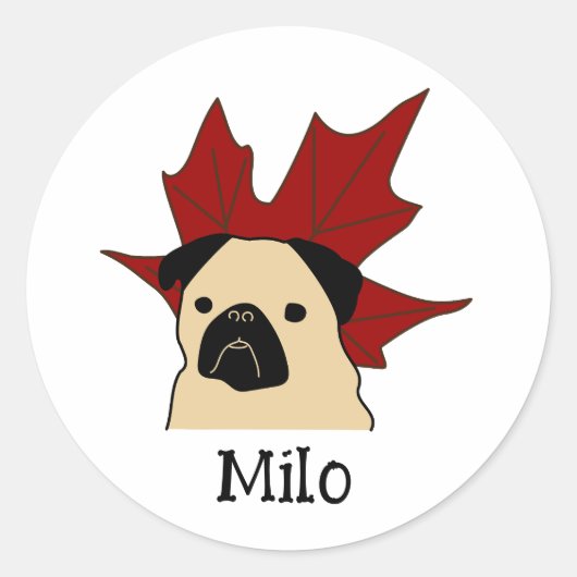 Pug met een groot blad ronde sticker (Voorkant)