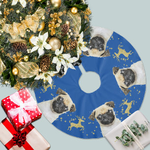 Pug met Gouden Glitter Herten Kerstmis   Blauw Kerstboom Rok