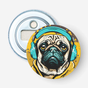 Pug met hoofdtelefoon button flesopener