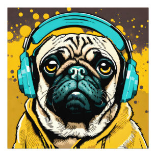 Pug met hoofdtelefoon foto afdruk