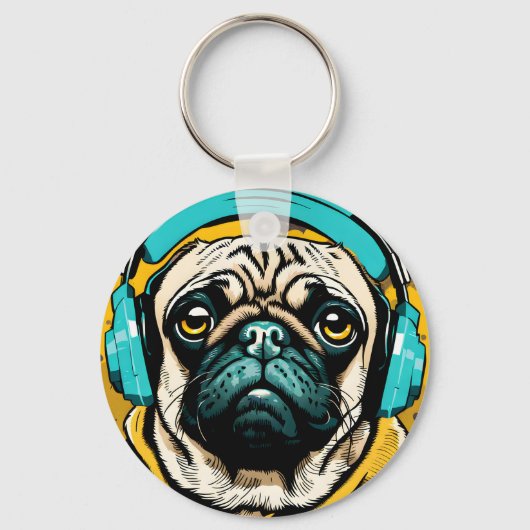 Pug met hoofdtelefoon sleutelhanger (Voorkant)