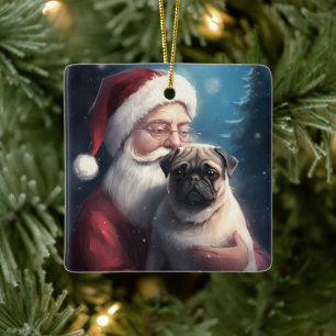 Pug Met Kerstman Feestelijke Kerst Keramisch Ornament