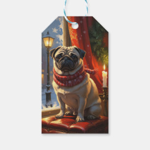 Pug met kerstverlichting vakantie cadeaulabel