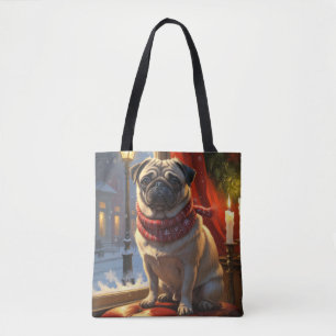 Pug met kerstverlichting vakantie draagtas