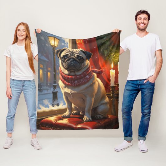 Pug met kerstverlichting vakantie fleece deken (In situ)