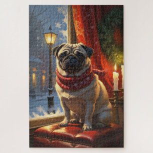 Pug met kerstverlichting vakantie legpuzzel