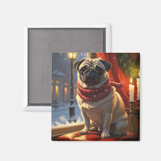 Pug met kerstverlichting vakantie magneet (Voorkant / Achterkant)