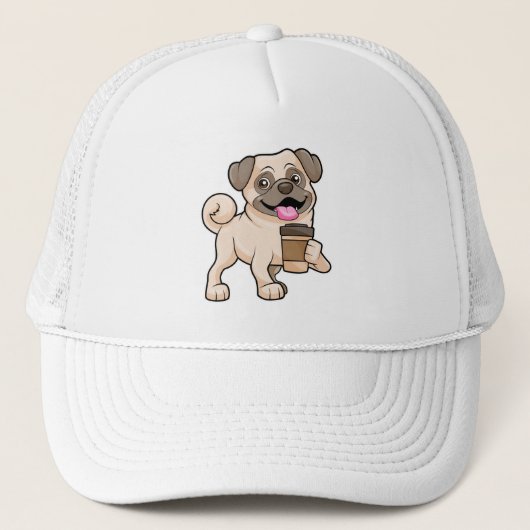 Pug met koffie om mee te gaan trucker pet (Voorkant)