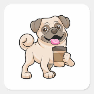 Pug met koffie om mee te gaan vierkante sticker