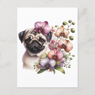 Pug met Orchid Branch, Postcrossing Briefkaart