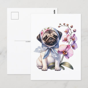Pug met Orchid Branch, Postcrossing Briefkaart