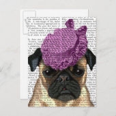 Pug met Paars Pet Briefkaart (Voorkant / Achterkant)