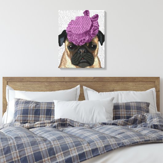 Pug met  Paars Pet Canvas Afdruk (Insitu (Slaapkamer))