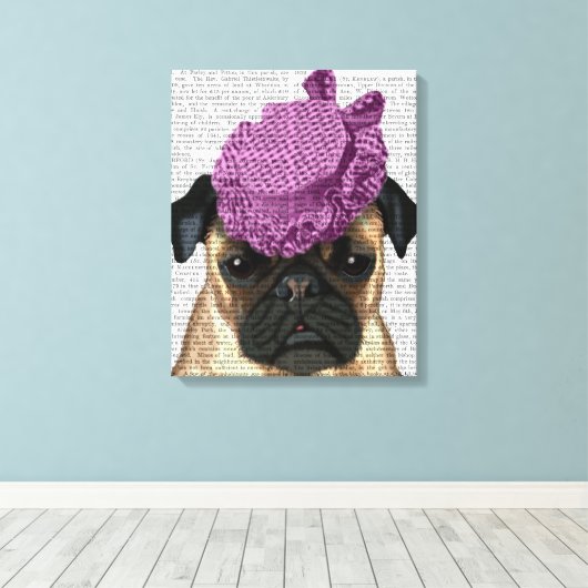Pug met  Paars Pet Canvas Afdruk (Insitu (Houten vloer))