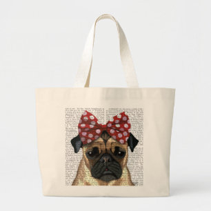 Pug met roodborstbeugel op kop grote tote bag