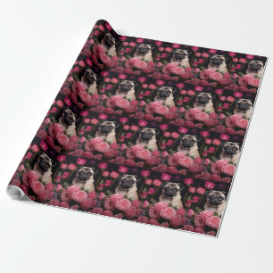 Pug met Roze Rozen Bloemen Bloemen Cadeaupapier